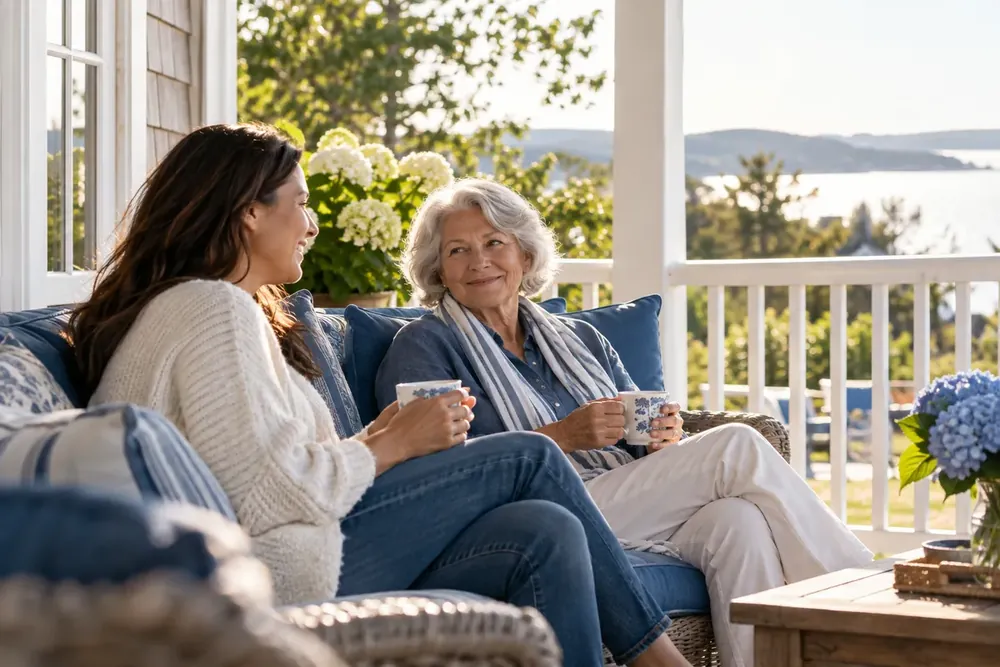 Two relatives sharing tea on a bright porch