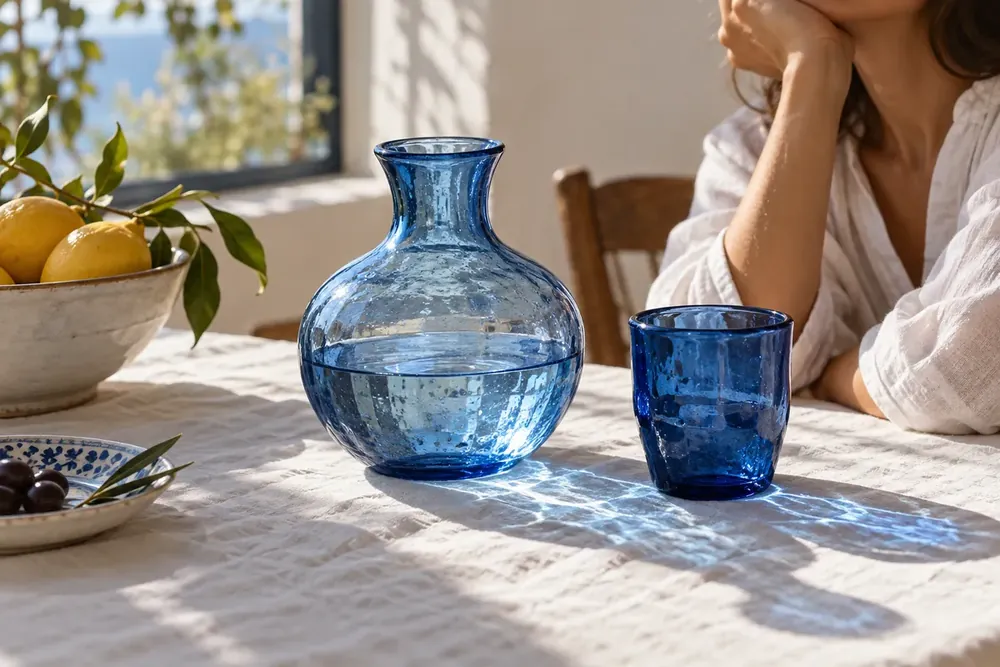 Blue glass vessels on a sunlit table