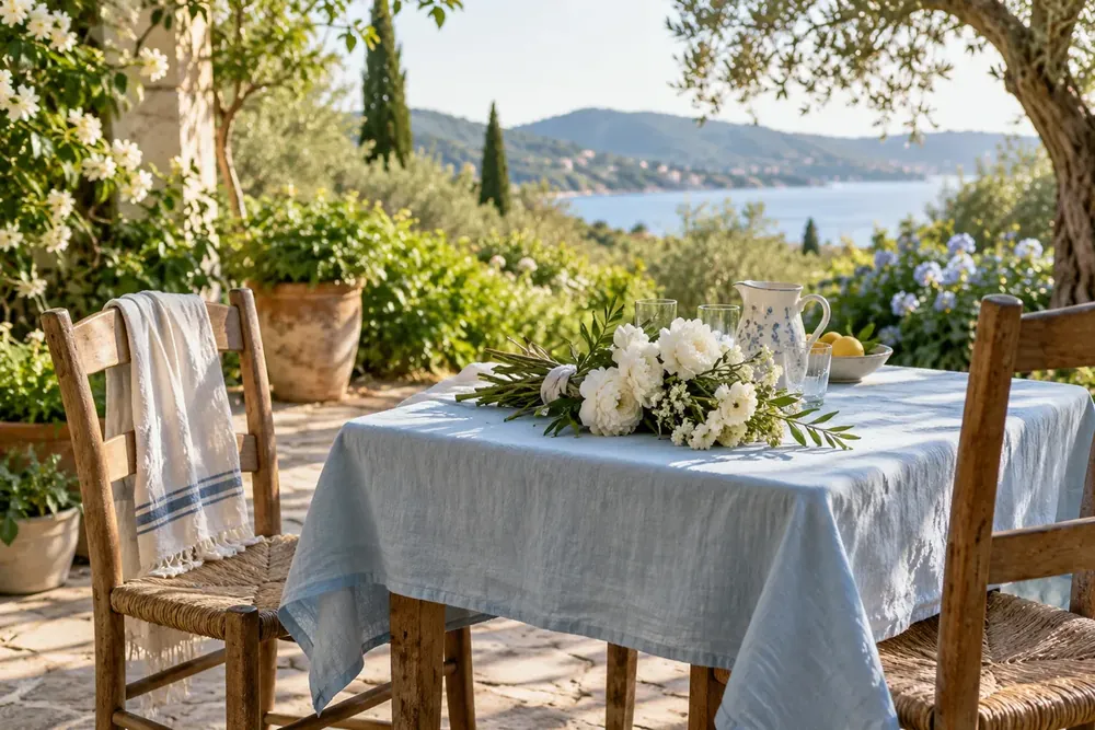 White flowers on a blue linen tablecloth