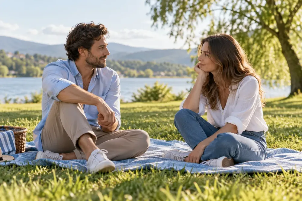 Two adults talking together in a sunny park