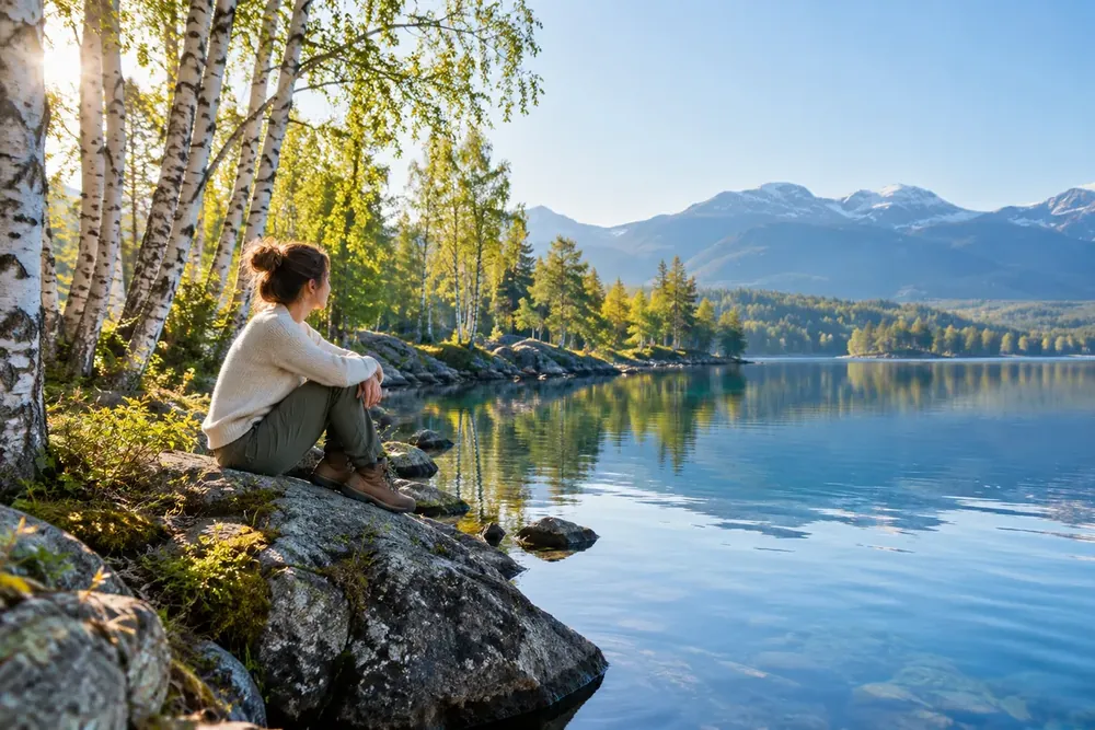 An adult seated beside a lake and birch trees