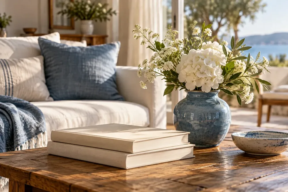 Plain books and a vase of white flowers in sunlight