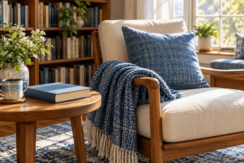 A closed book beside a chair with a blue blanket