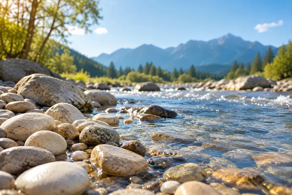 Smooth pebbles beside a gently flowing stream