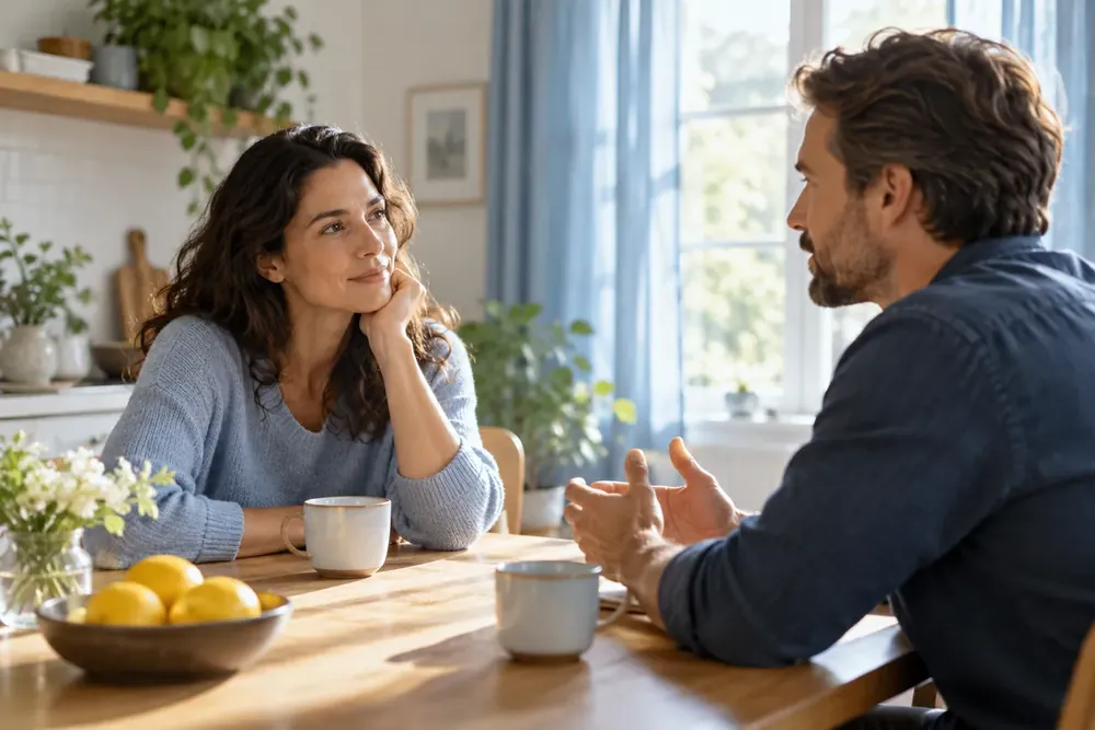 A couple having a quiet conversation at a kitchen table.