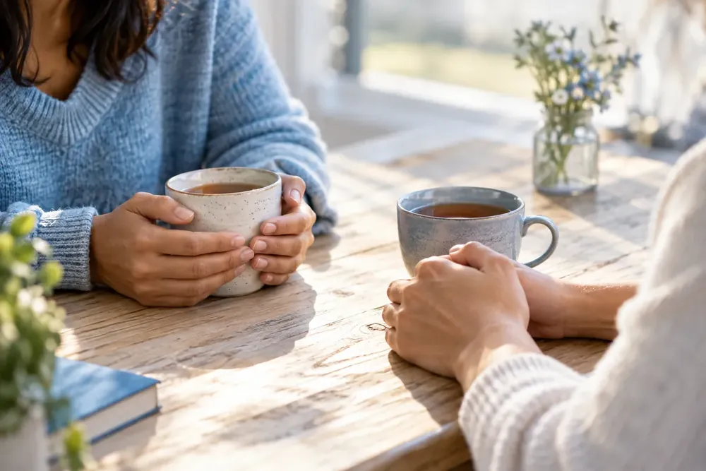 Two cups of tea on a sunlit table during a quiet conversation.