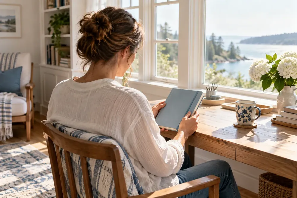 A woman reflecting with a journal in a bright reading room.