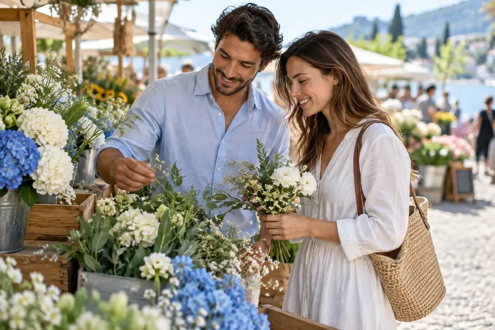 A couple talking while choosing flowers at an outdoor market.