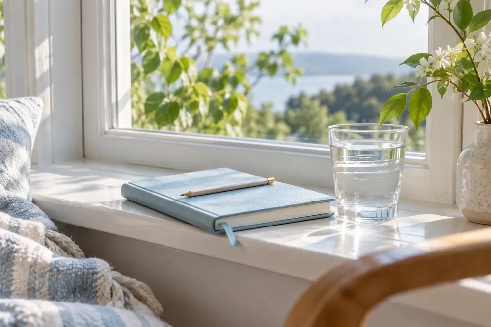 A journal and pencil beside a bright window.