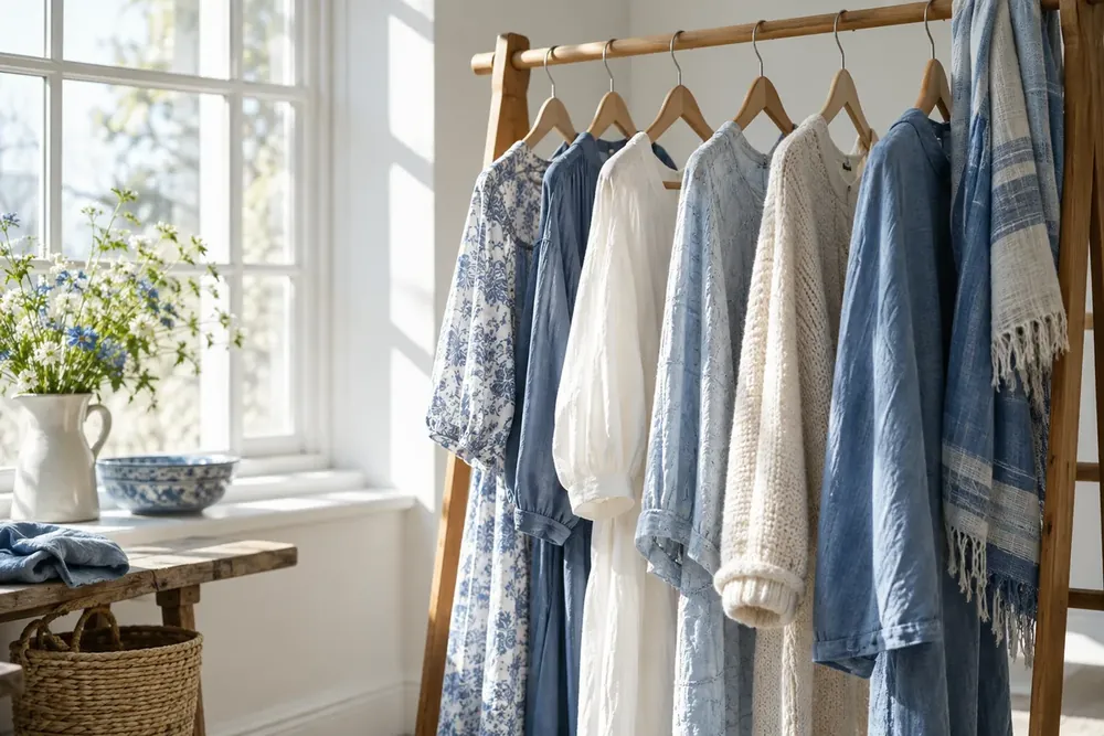 Blue and ivory clothing arranged beside a bright window.