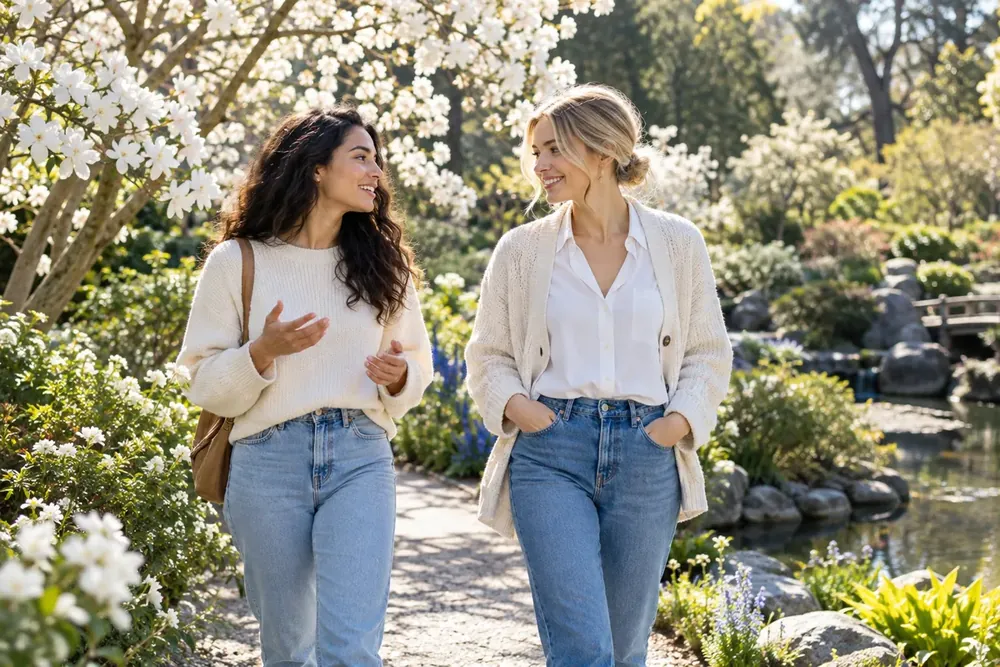 Two friends walking together through a flowering garden.