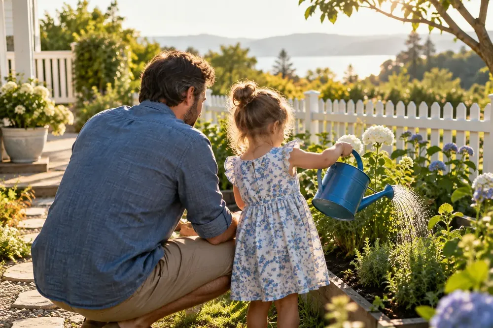 A father and daughter watering garden plants together.