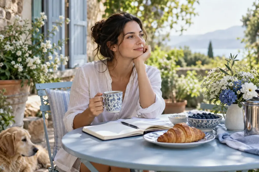 A woman reflecting over breakfast in a garden.