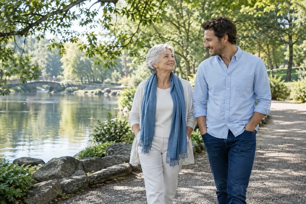 Two adults from different generations walking together in a park.