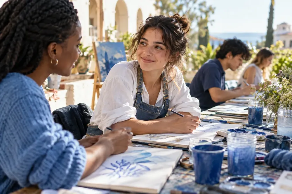 Two students talking in a bright art workshop.