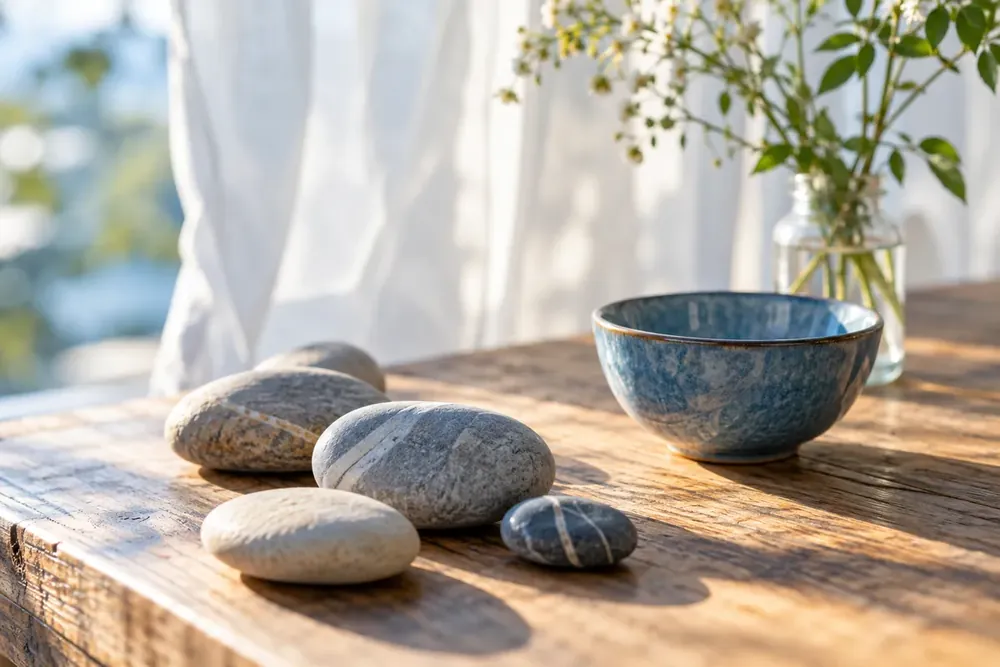 Smooth river stones arranged on a sunlit wooden table.