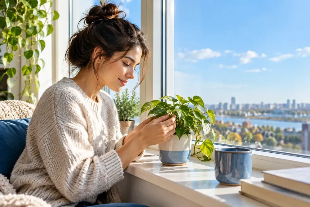 A woman tending a plant beside a bright apartment window.