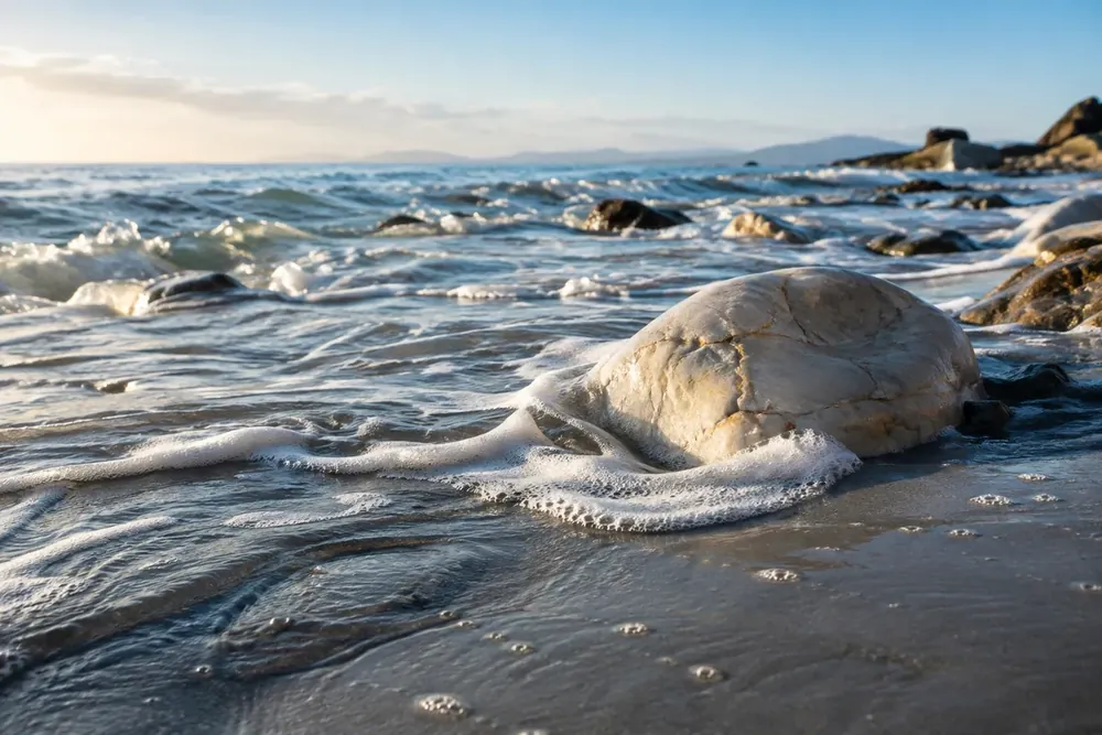 Gentle waves moving around a smooth shoreline rock.