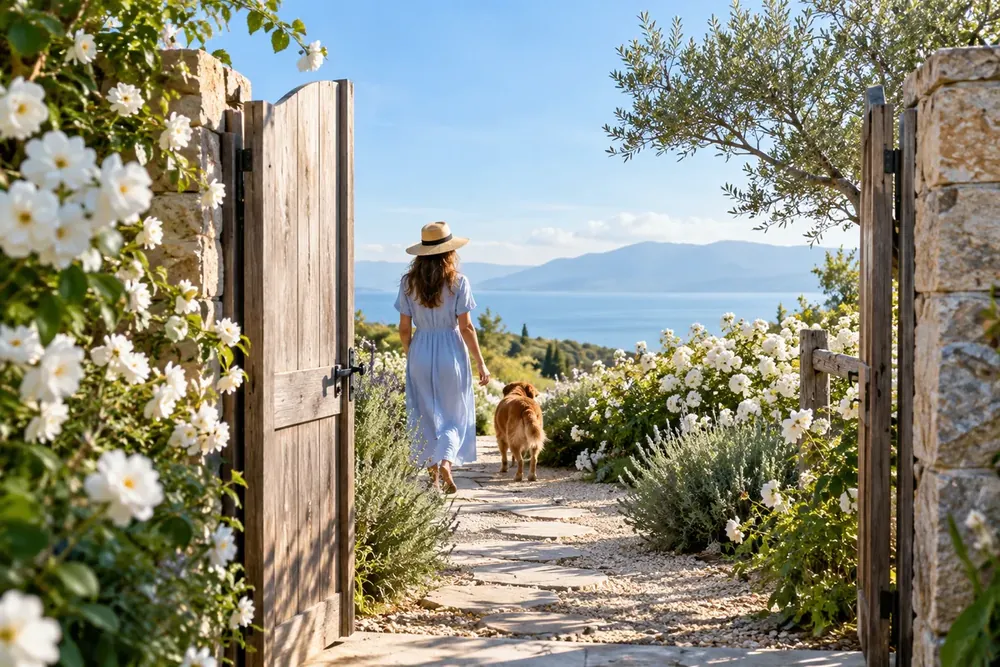 An open garden gate leading onto a sunny path.