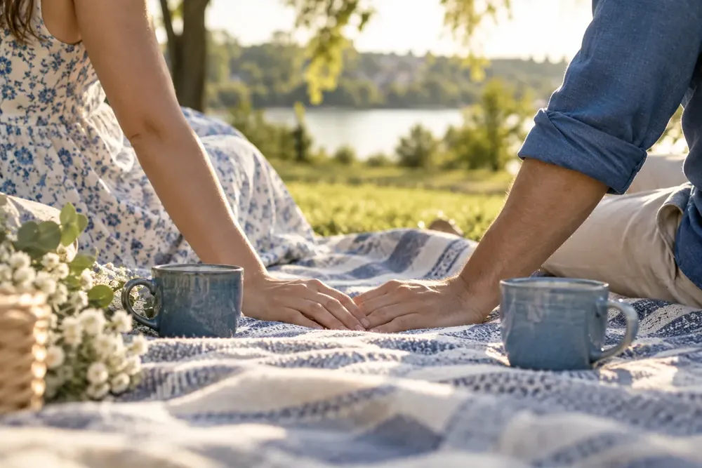 Two people sharing a quiet picnic with blue cups.