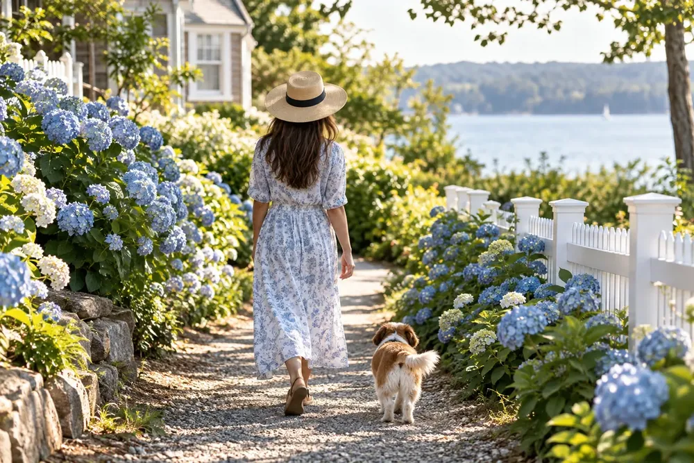A woman walking with a small dog through a sunny garden.