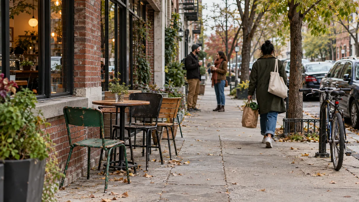 Illustrative neighborhood scene with a modest cafe, a bicycle, and people on an everyday sidewalk