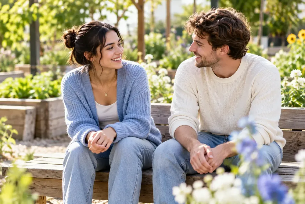 Two young adults talk together on a garden bench.