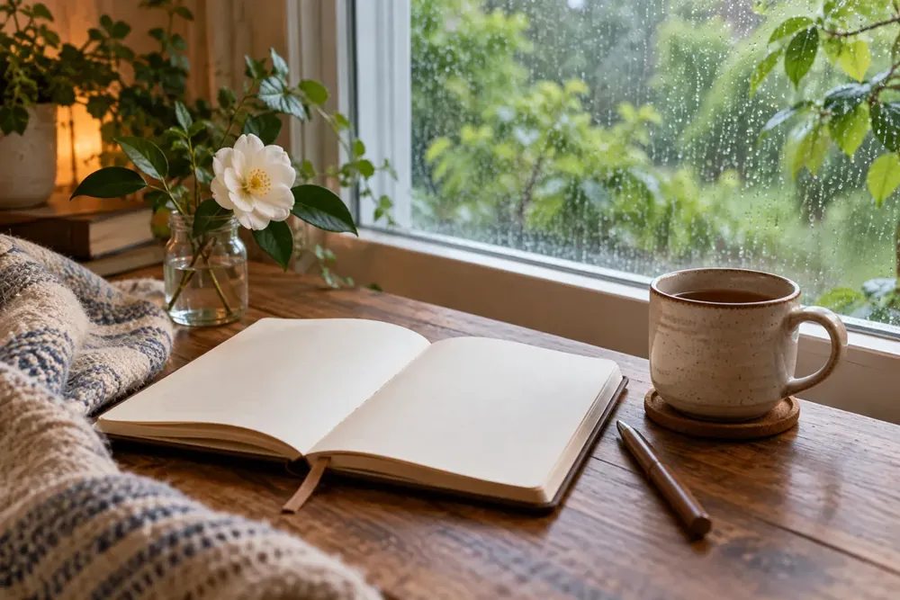 A notebook, flower, and tea beside a rain-speckled window.