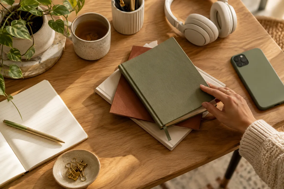 An overhead view of a warm wooden work desk with several overlapping unmarked notebooks, a phone face down, headphones and one hand deliberately closing a notebook, calm focus amid multiple tasks