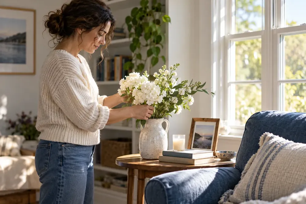 An adult arranging white flowers beside a sunny window.