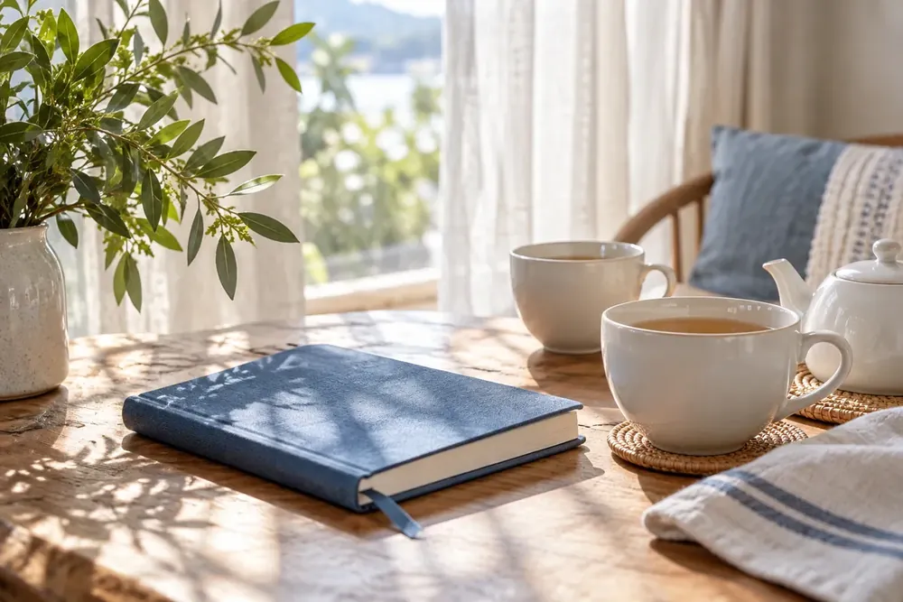 A closed blue notebook and two white cups on a table.