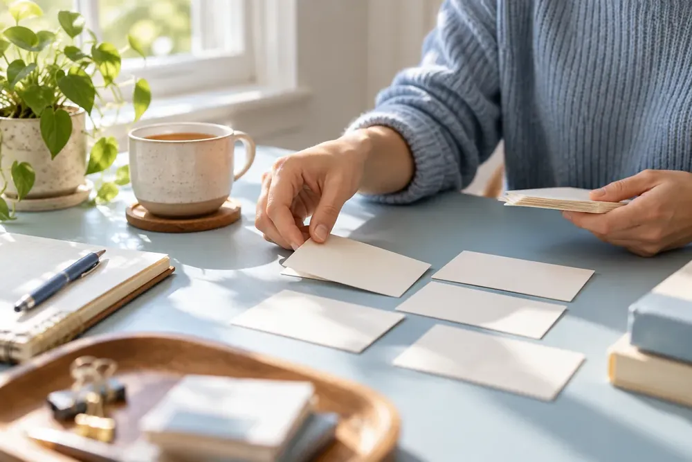 Hands arranging blank cards beside a cup of tea