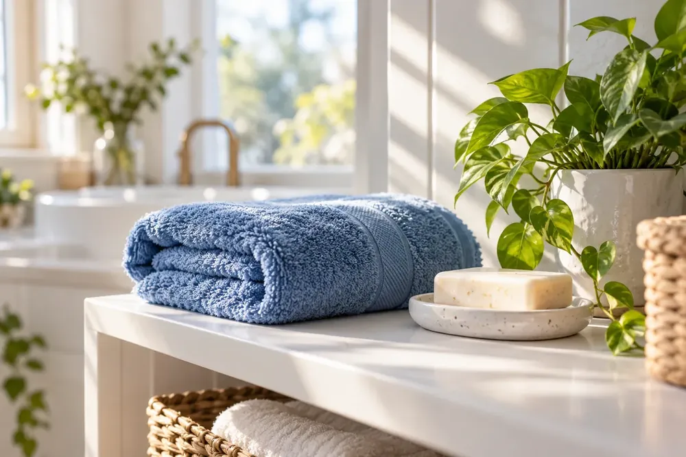 Fresh towels and soap on a bright bathroom shelf.