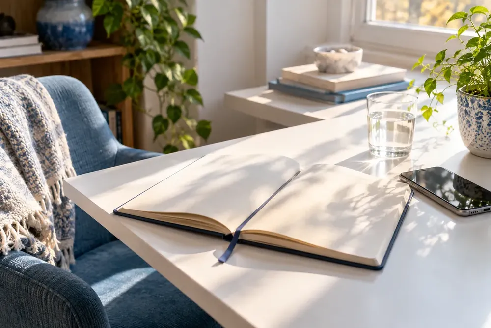 A notebook and telephone on a bright desk.