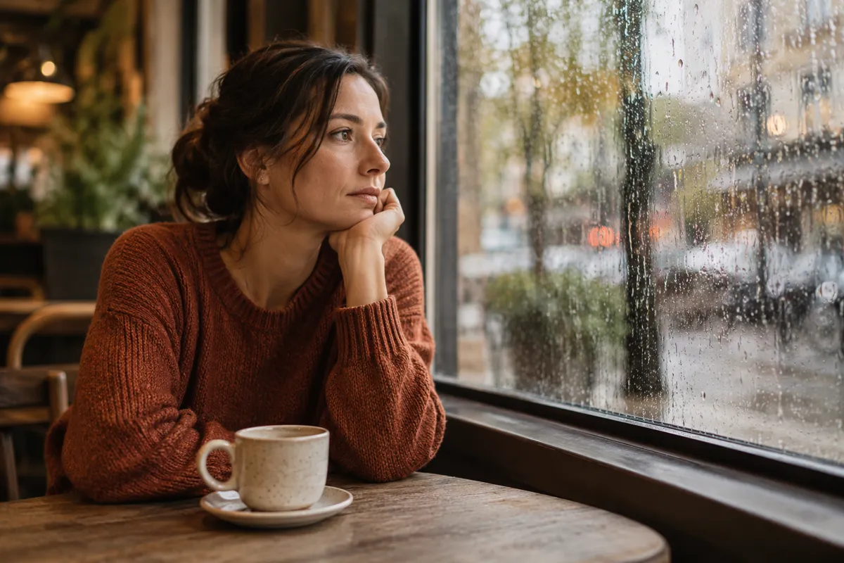 A woman reflects beside a rain-streaked cafe window.