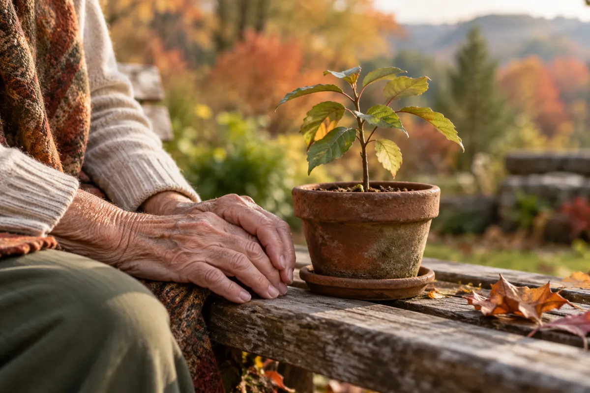 Weathered hands of an older adult resting beside a young sapling on an outdoor wooden bench, autumn garden softly beyond, contemplation of life and aging