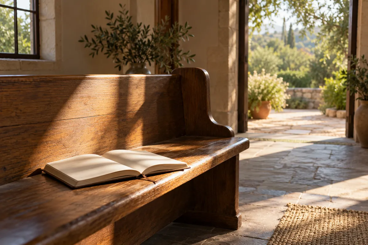 An open journal on a wooden bench facing a peaceful garden.