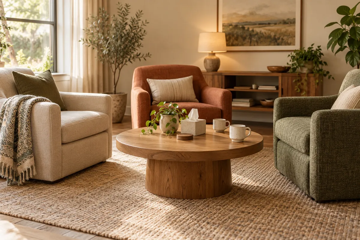 Three comfortable armchairs arranged as a triangle in a warm marriage counseling office, two simple mugs and tissue box on central low oak table