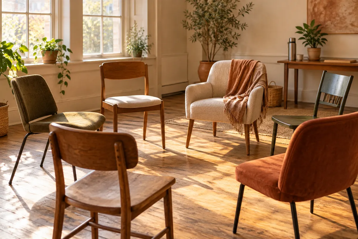 A quiet circle of six mismatched chairs in a modest community room before a peer support meeting, sunlight across worn wooden floor, a single thermos on side table