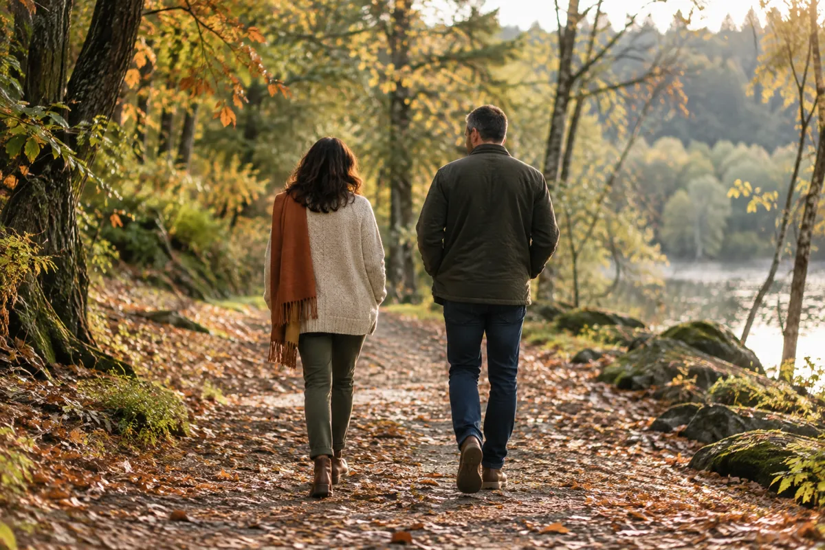 Two adults walking together on a wooded autumn path