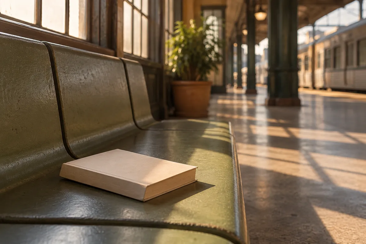 An unmarked paperback rests on an empty station bench.