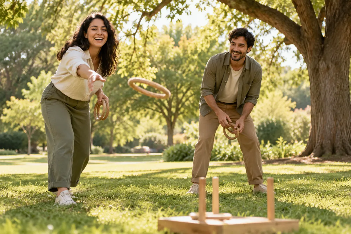 Two friends playing a ring toss game in a park