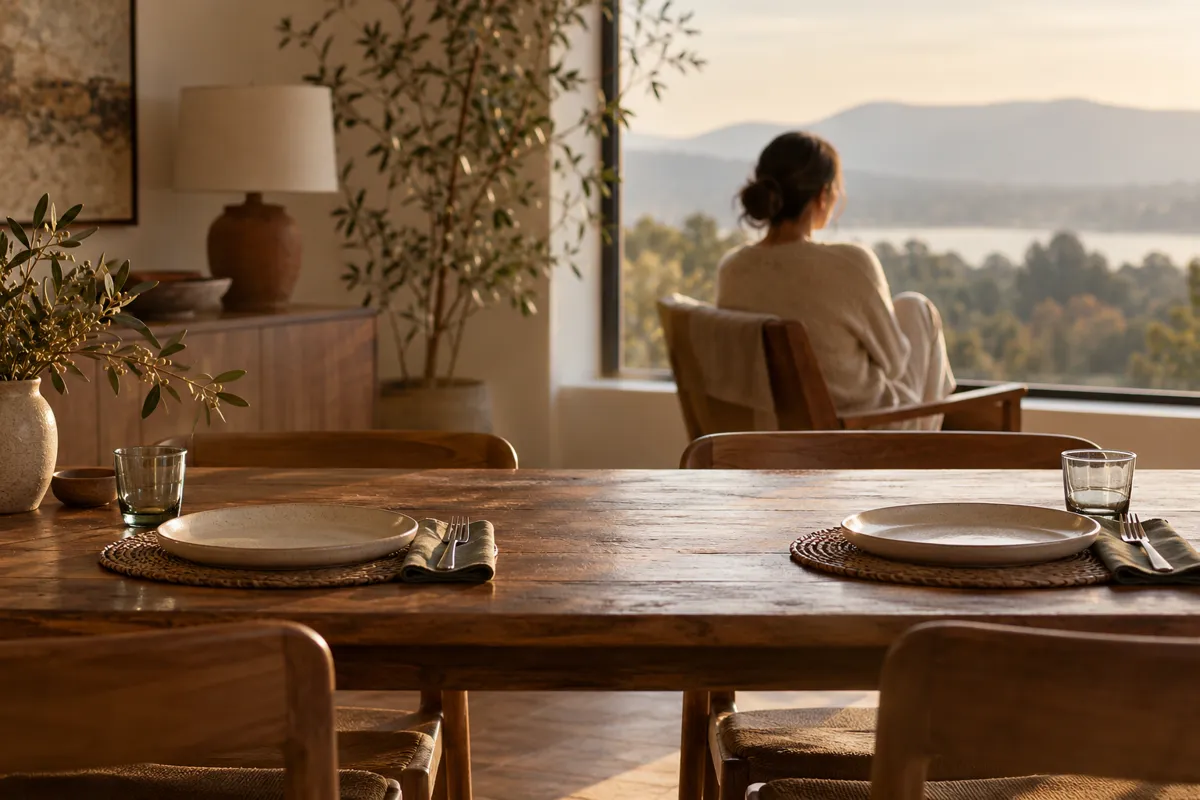 Two place settings on a dining table with a generous gap between them; an adult seated in soft background by a window, seen from behind