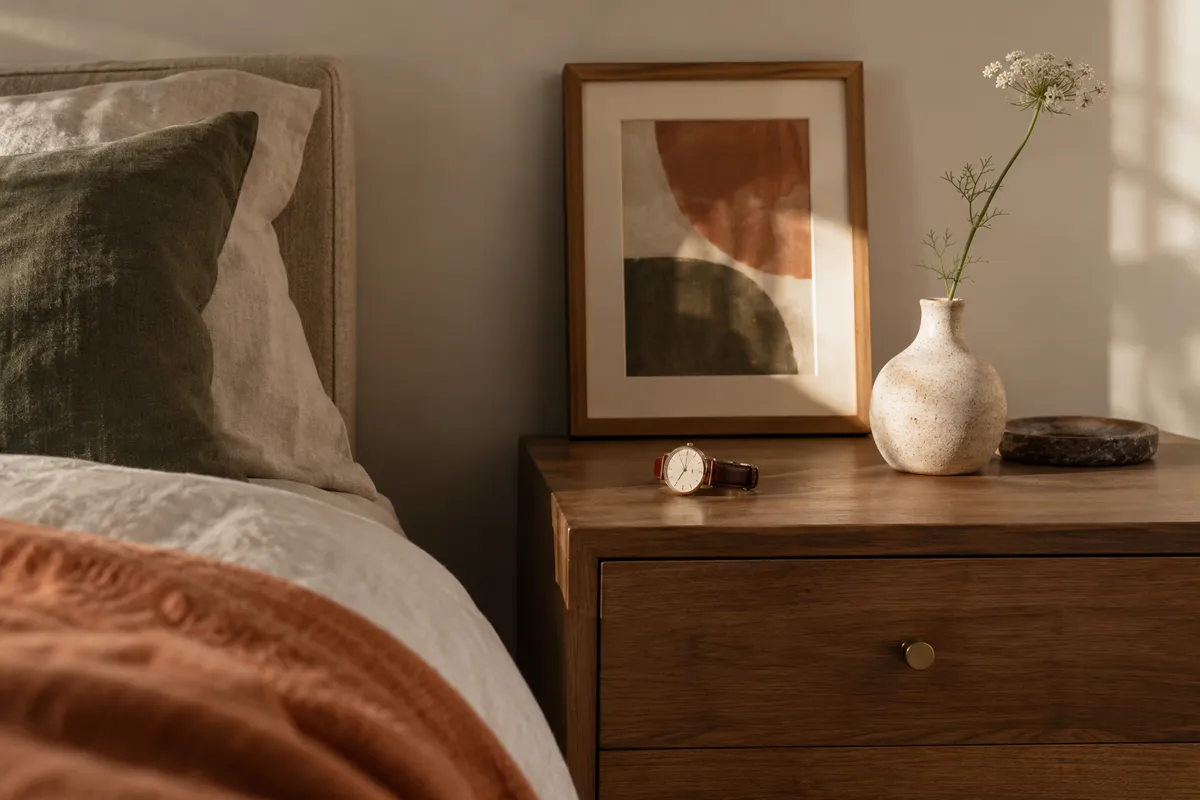 A simple dresser holds a watch, artwork and a small vase.
