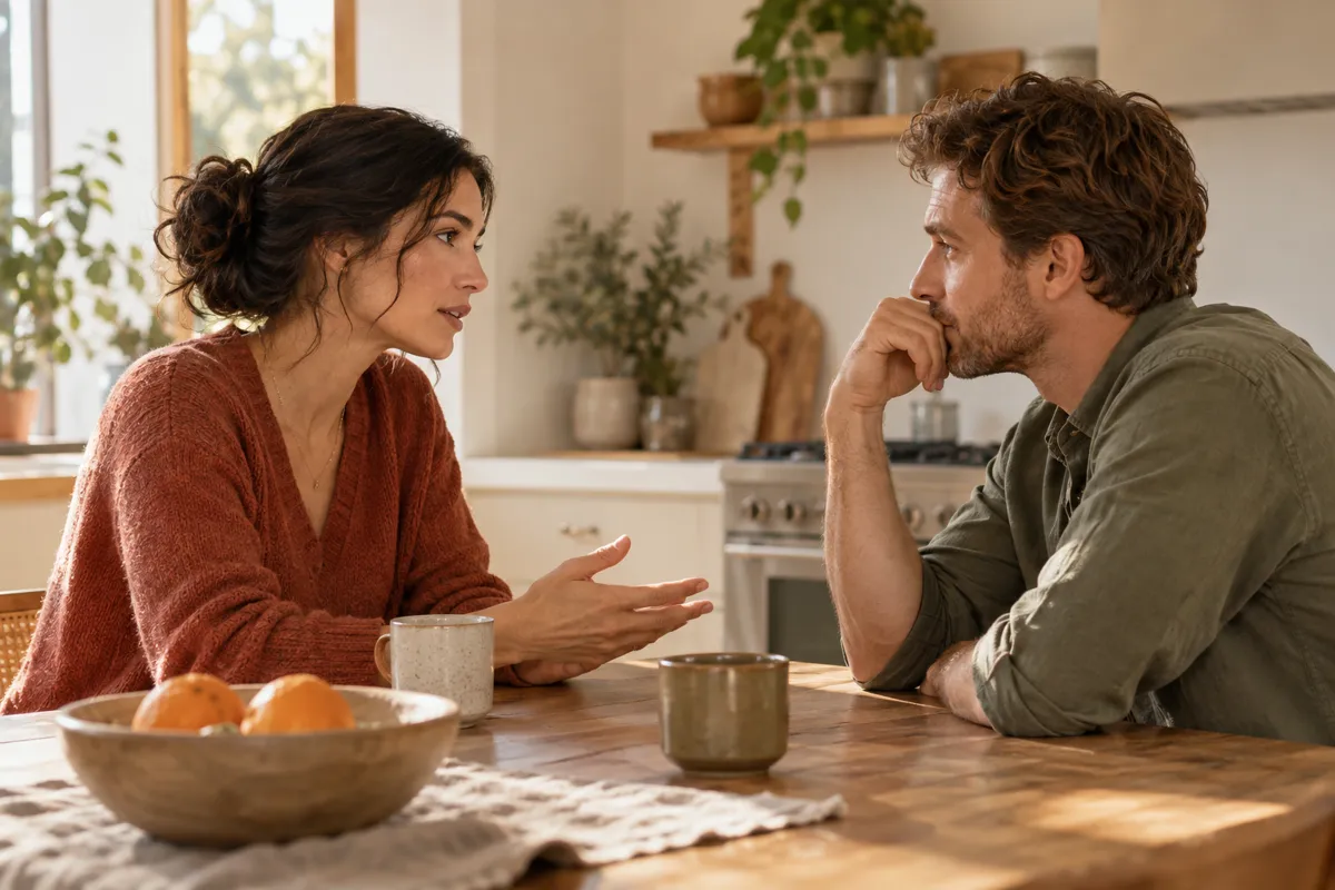 Two adults in a warm kitchen calmly pausing during a serious conversation, one listening with relaxed open hands, candid side view, no shouting, natural respectful relationship scene