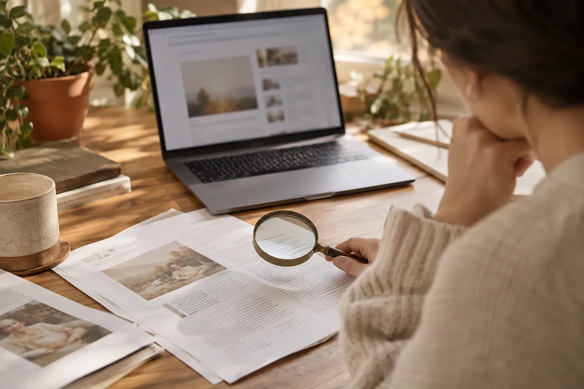 An open laptop with softly defocused unreadable web page beside printed papers and a magnifying glass on an oak desk, afternoon light, thoughtful fact-checking concept, over-shoulder angle with no readable text