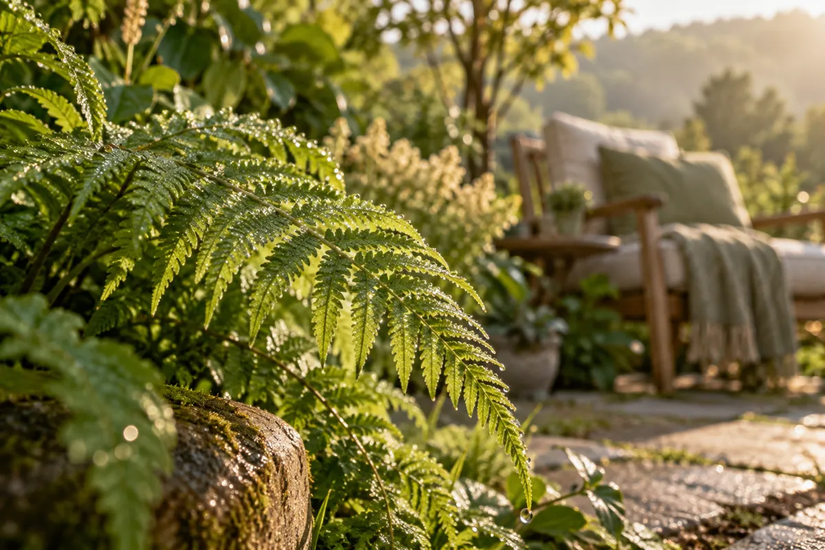 Morning dew on a fern beside a garden chair