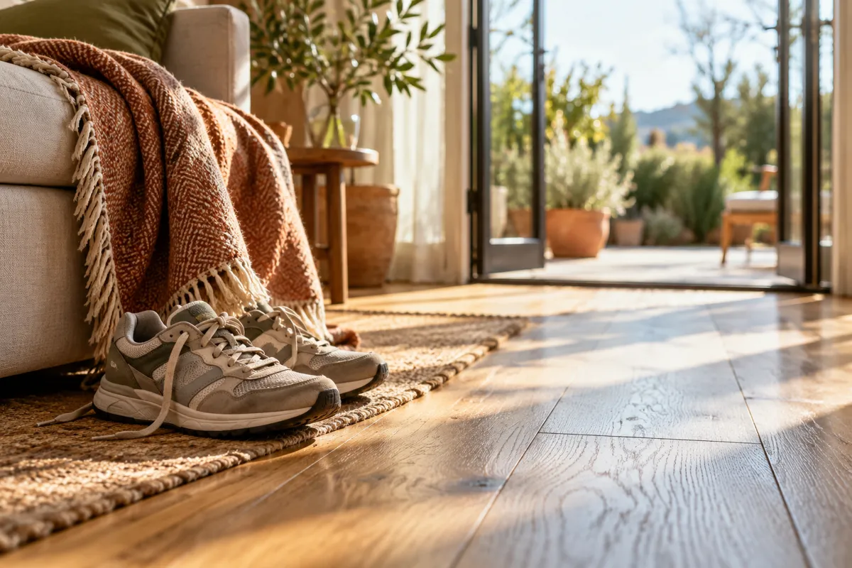 Walking shoes beside a sofa face a sunlit patio.