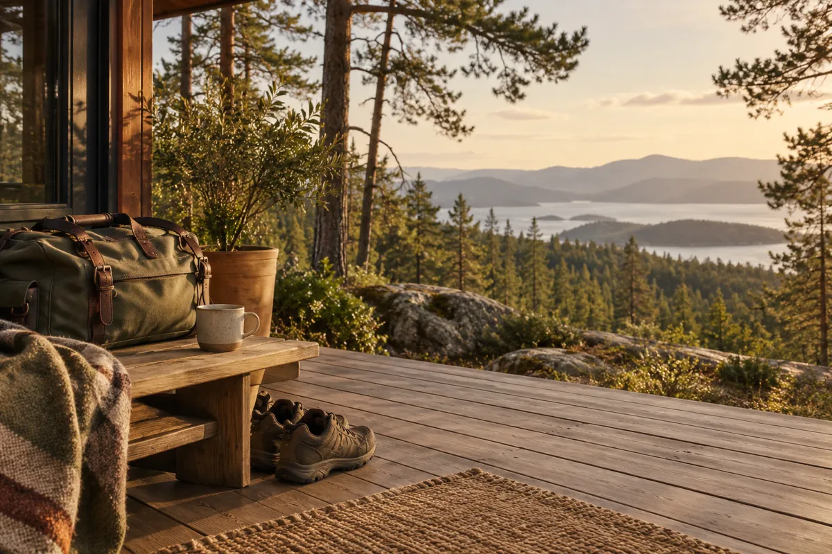 A quiet secluded olive-green forest cabin terrace with packed canvas travel bag, trail shoes and ceramic cup, spacious horizon through trees, restorative vacation mood, no people