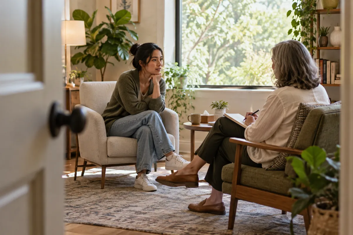 Two adults talking in a welcoming consultation room